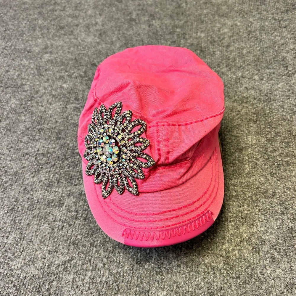 Olive & Pique Cadet Hat Womens OS Pink Cotton Rhinestone Flower Distressed Cap